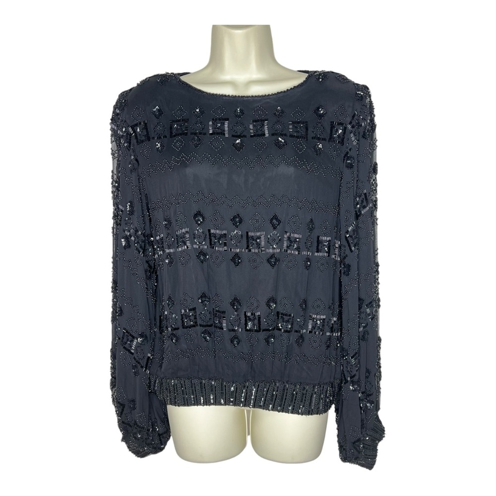 Showmax Silk Beaded Black Evening Blouson Top 80’s VTG Sequined Formal